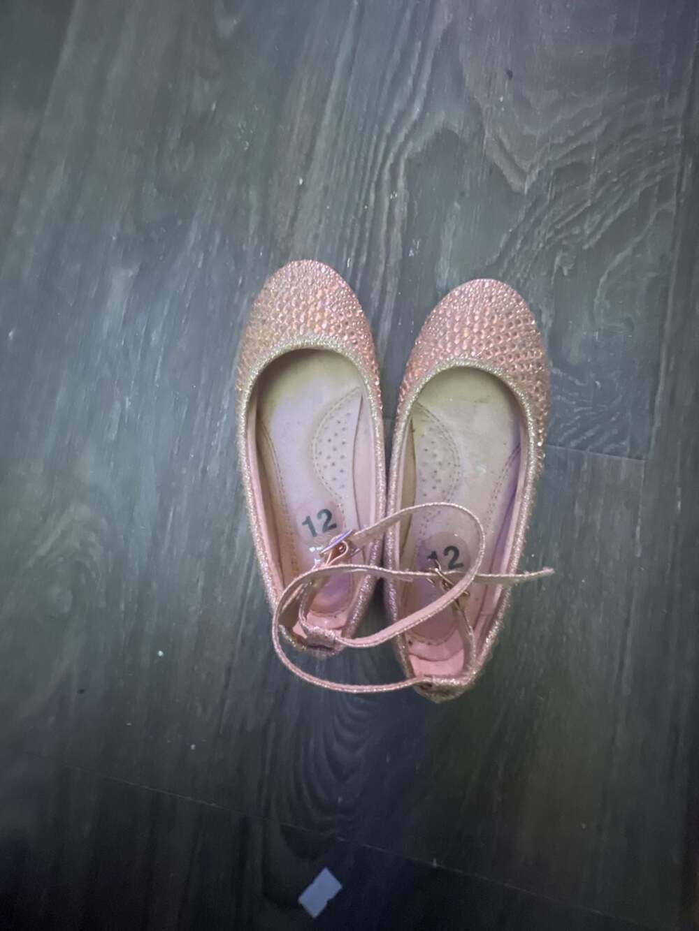Little Girls Rose Gold Rhinestone Ankle Strap Dress Flats